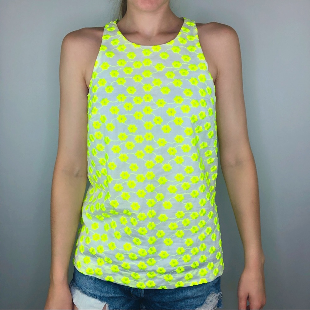 J.Crew Floral Embroidered Blouse Sleeveless Neon Summer Lined Halter Cottagecore